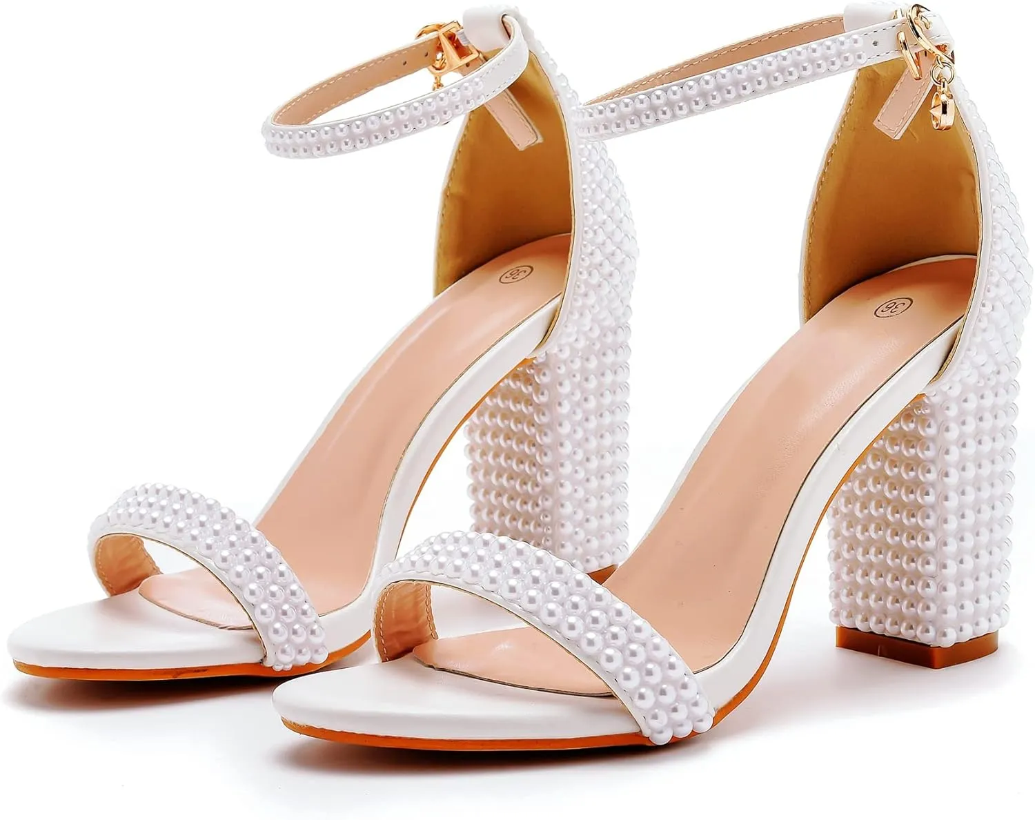 2.95'' Full Pearls Block Heels Sandals Peep Toe Rhinestone Women's Chunky Heel Pump Shoes For Bride Wedding Party Evening Dress Shoes