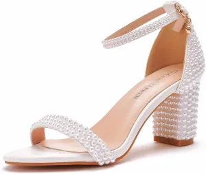 2.95'' Full Pearls Block Heels Sandals Peep Toe Rhinestone Women's Chunky Heel Pump Shoes For Bride Wedding Party Evening Dress Shoes