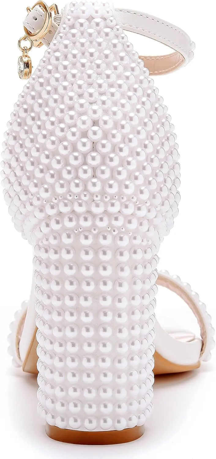 2.95'' Full Pearls Block Heels Sandals Peep Toe Rhinestone Women's Chunky Heel Pump Shoes For Bride Wedding Party Evening Dress Shoes