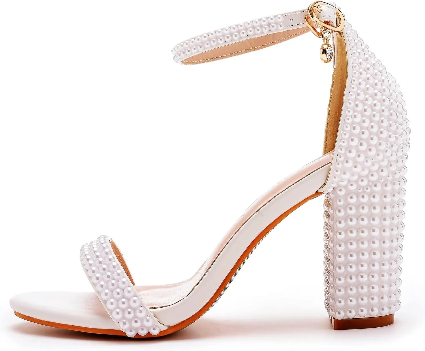 2.95'' Full Pearls Block Heels Sandals Peep Toe Rhinestone Women's Chunky Heel Pump Shoes For Bride Wedding Party Evening Dress Shoes