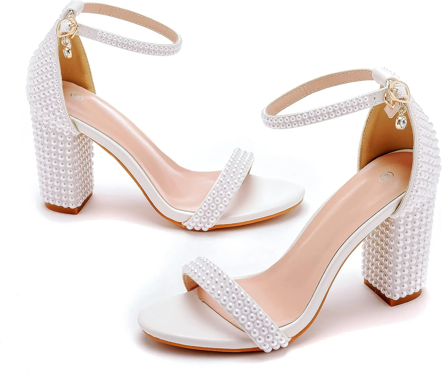 2.95'' Full Pearls Block Heels Sandals Peep Toe Rhinestone Women's Chunky Heel Pump Shoes For Bride Wedding Party Evening Dress Shoes