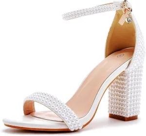 2.95'' Full Pearls Block Heels Sandals Peep Toe Rhinestone Women's Chunky Heel Pump Shoes For Bride Wedding Party Evening Dress Shoes