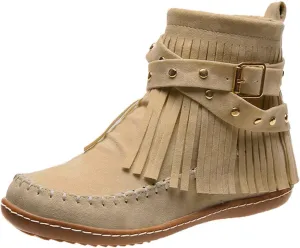 AMDBEL Tassel Boots for Women Cowgirl, Women Casual Ankle Boots Flat Fringe Booties Round Toe Vintage Suede Tassel Lace Up Dress Walking Shoes Zipper Fall Winter Outdoor Fashion Low Top Short Boots