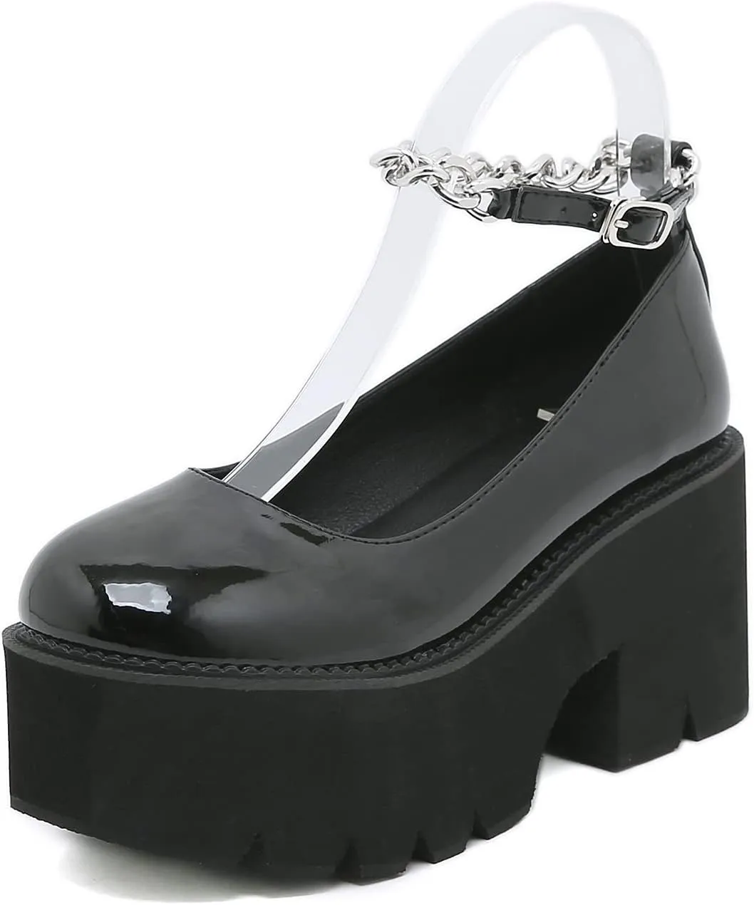 bbruriy Marry Jane Platform Shoes with Chain Ankle Strap for Women Fashion Comfy Round Toe Chunky Heel Gothic Uniform Dress Pumps School Black PU Leather Shoes