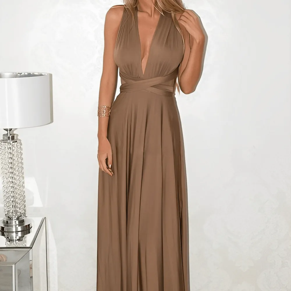 BellaGrace Stylish Women's Convertible Maxi Dress with Bow and Halter Features