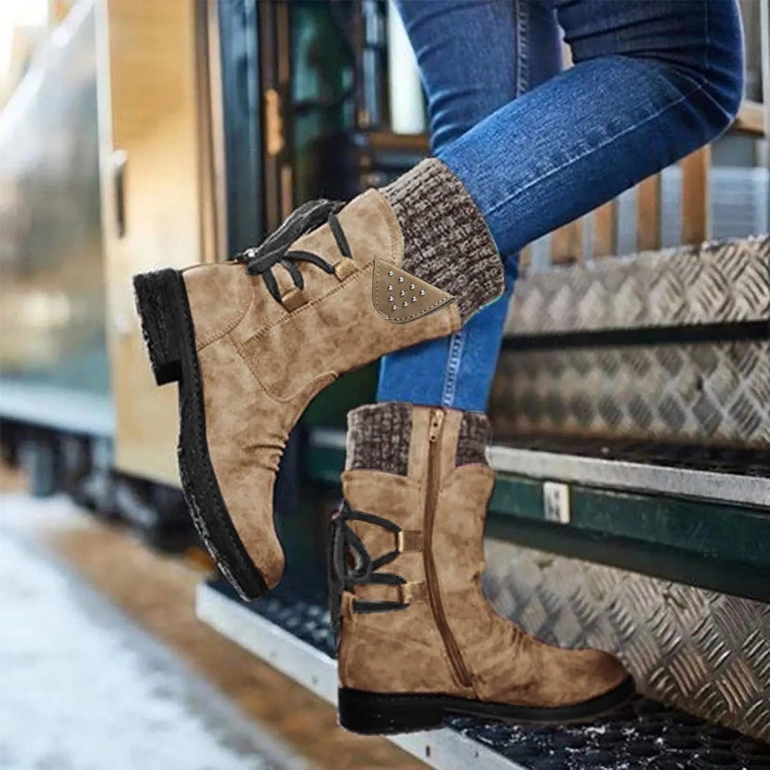 Boots for Women Lace-up Fur Lined Mid Calf Shoes Round Toe Waterproof Winter Snow Booties Heel Chunky Thick with Side Zipper