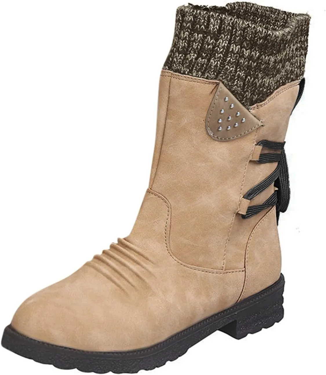 Boots for Women Lace-up Fur Lined Mid Calf Shoes Round Toe Waterproof Winter Snow Booties Heel Chunky Thick with Side Zipper