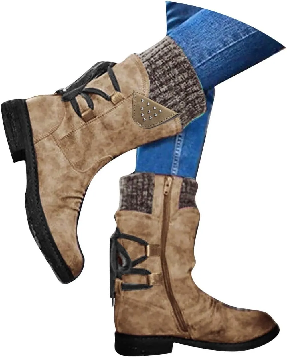 Boots for Women Lace-up Fur Lined Mid Calf Shoes Round Toe Waterproof Winter Snow Booties Heel Chunky Thick with Side Zipper