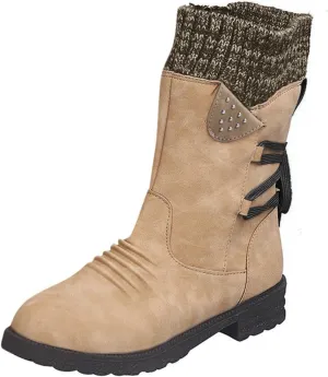 Boots for Women Lace-up Fur Lined Mid Calf Shoes Round Toe Waterproof Winter Snow Booties Heel Chunky Thick with Side Zipper
