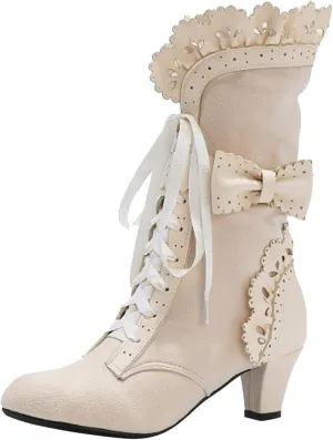 Boots for Women Vintage Lace Up Victorian Mid Calf Combat Boots with Bow Gothic Dress Retro Riding Shoes for Ladies