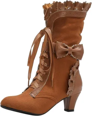 Boots for Women Vintage Lace Up Victorian Mid Calf Combat Boots with Bow Gothic Dress Retro Riding Shoes for Ladies