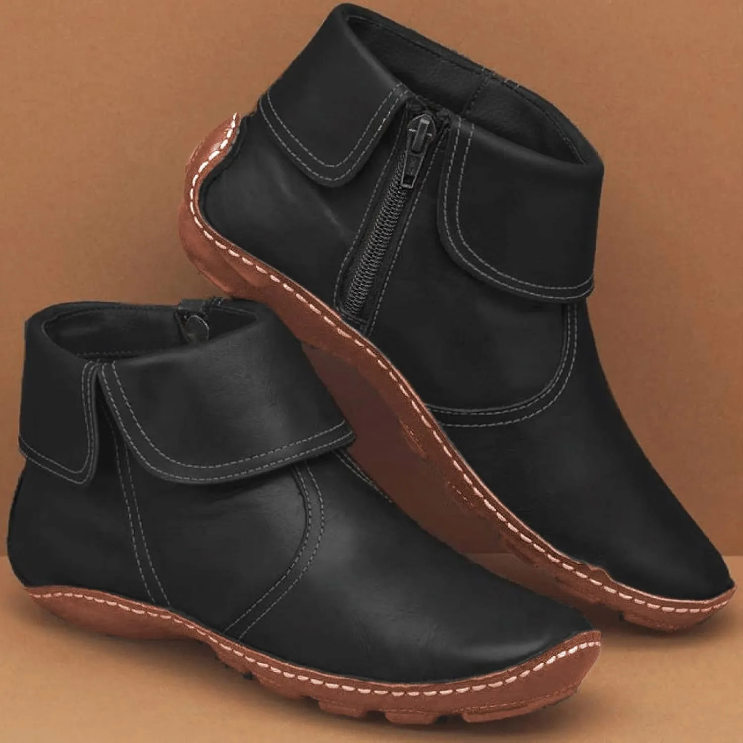 Cathalem Ankle Boots for Women No Heel,2024 New Arch Support Booties Side Zip-up Vintage Leather Shoes Flat Heel Booties