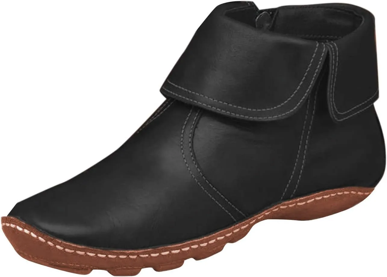 Cathalem Ankle Boots for Women No Heel,2024 New Arch Support Booties Side Zip-up Vintage Leather Shoes Flat Heel Booties