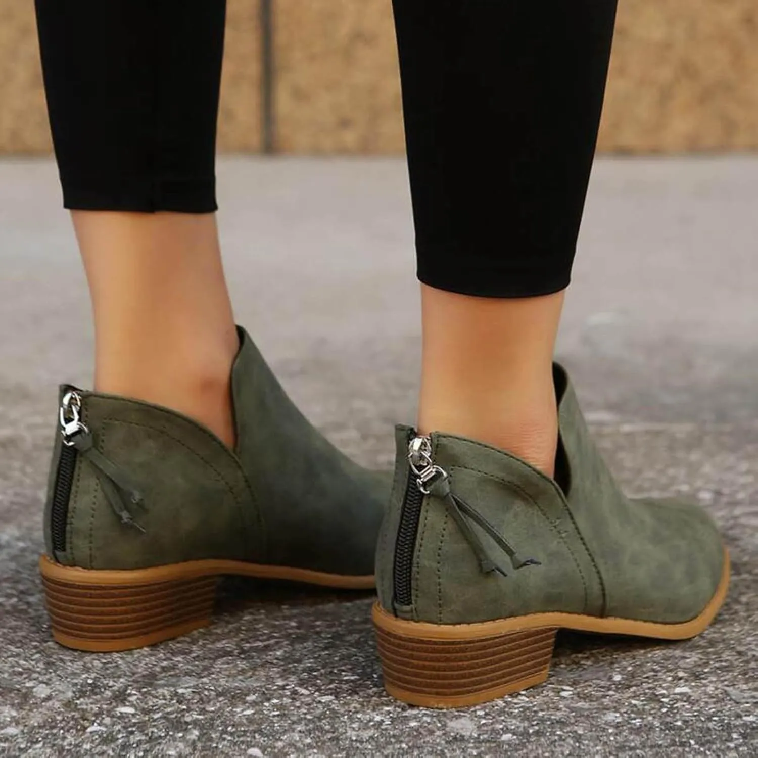 Cathalem Ankle Boots for Women Wide Calf Comfy V-Cutout Side Zip Low Heel Ankle BootiesVintage Leather Hiking Shoes