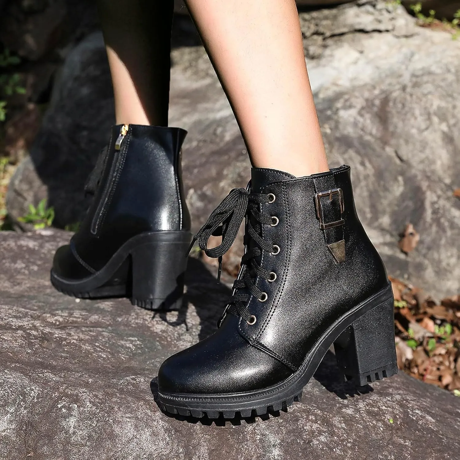 Cathalem Gothic Boots for Women Platform Combat Ankle Booties Lace Up Chunky Thick Heeled Booties Round Toe Fall Short Booties