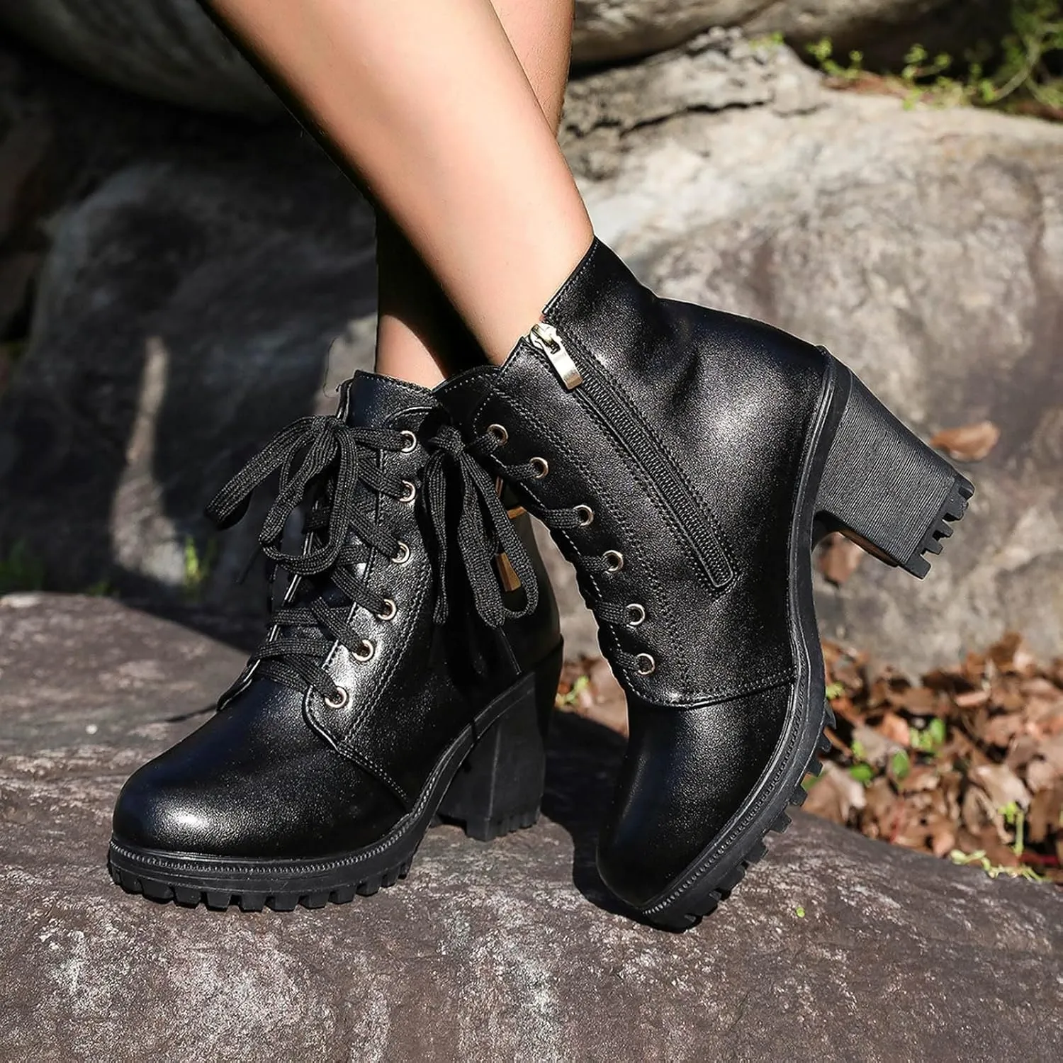 Cathalem Gothic Boots for Women Platform Combat Ankle Booties Lace Up Chunky Thick Heeled Booties Round Toe Fall Short Booties