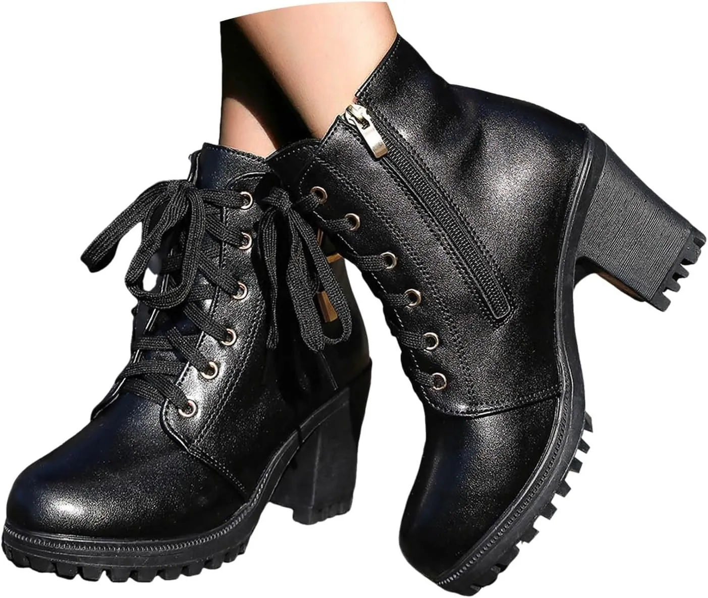Cathalem Gothic Boots for Women Platform Combat Ankle Booties Lace Up Chunky Thick Heeled Booties Round Toe Fall Short Booties
