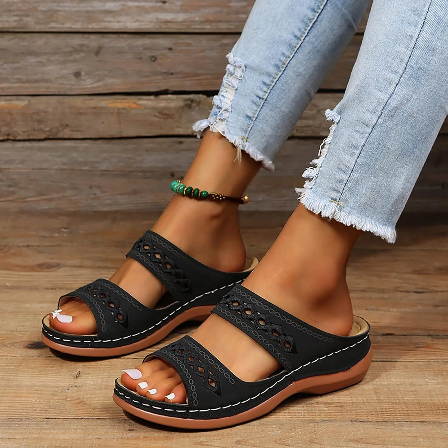 Cathalem Orthopedic Sandals for Women Casual Strappy Low Wedges Sandals Summer Beach Sandals Dress Shoes
