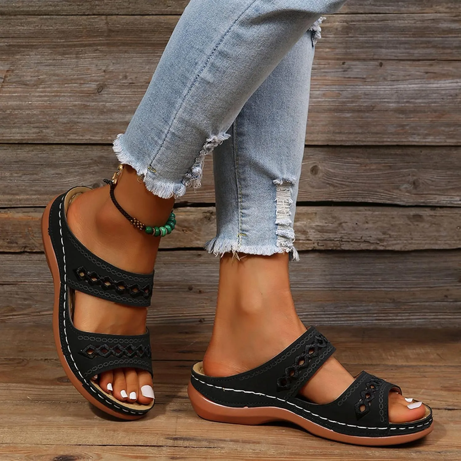 Cathalem Orthopedic Sandals for Women Casual Strappy Low Wedges Sandals Summer Beach Sandals Dress Shoes
