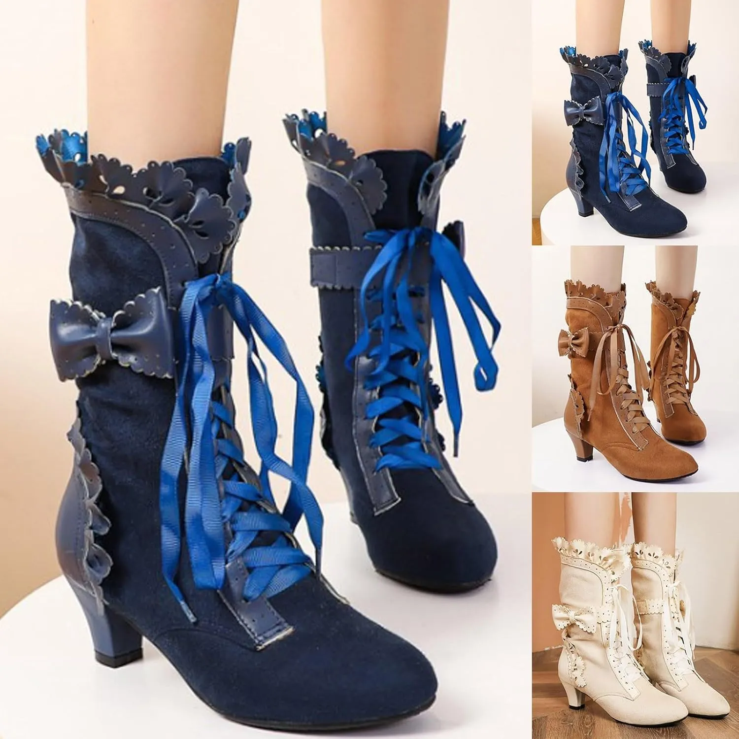 Cathalem Victorian Boots for Women Casual Goth Boots Lace Up Renaissance Boots Mid Heels Vintage Boots Halloween Cosplay Witch Shoes