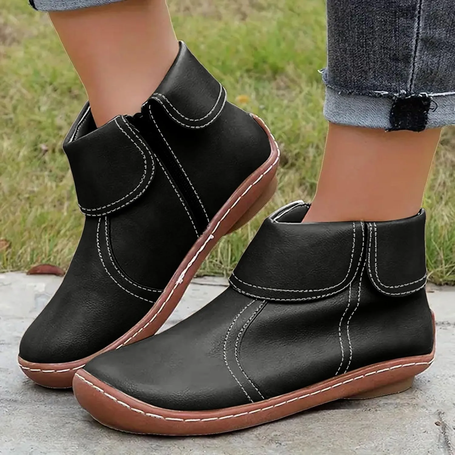 Cathalem Womens Ankle Boots, 2024 New Arch Support Booties Flat Heel Booties Side Zip-up Vintage Leather Damping Shoes