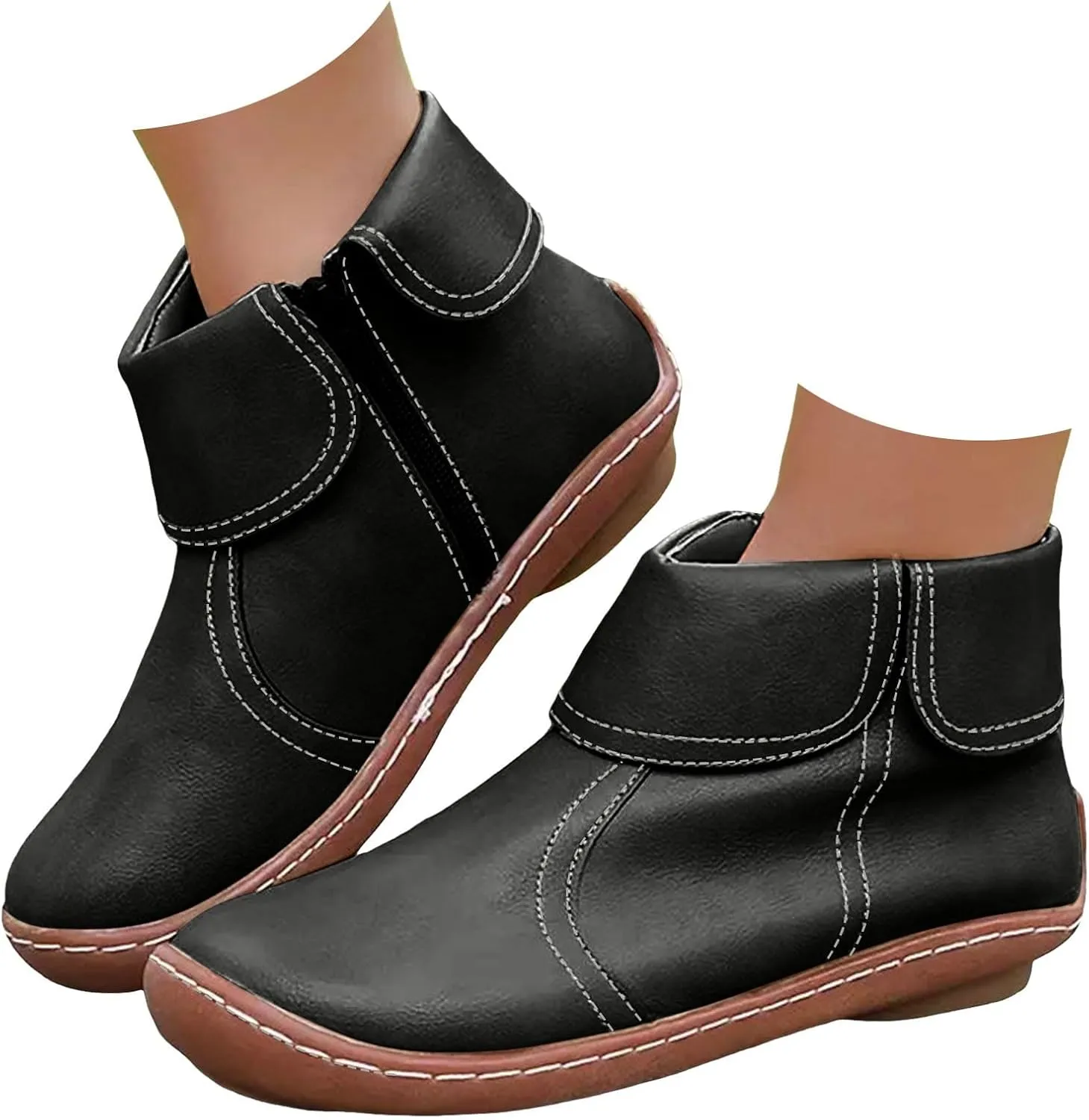 Cathalem Womens Ankle Boots, 2024 New Arch Support Booties Flat Heel Booties Side Zip-up Vintage Leather Damping Shoes