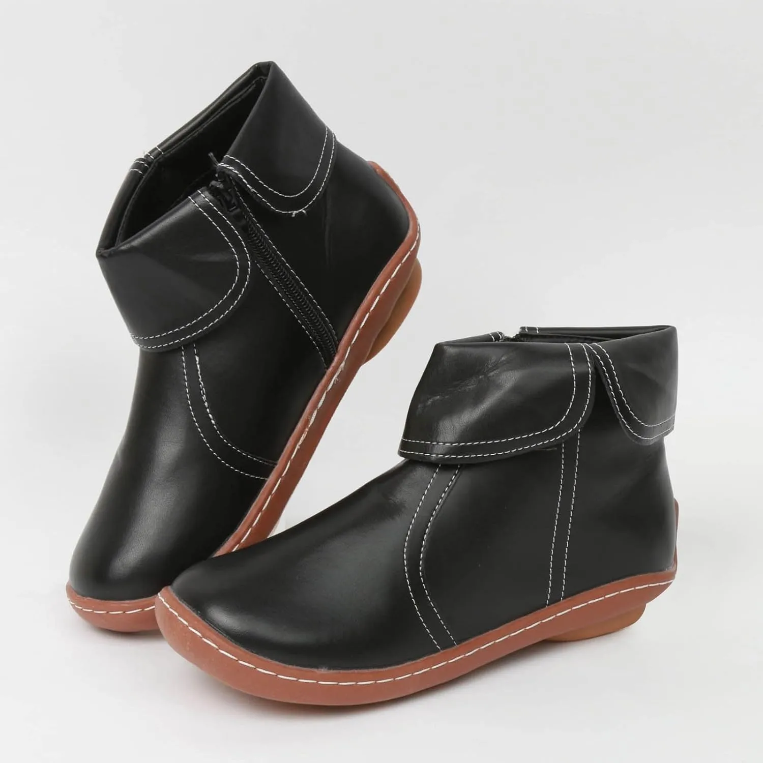 Cathalem Womens Ankle Boots, 2024 New Arch Support Booties Flat Heel Booties Side Zip-up Vintage Leather Damping Shoes