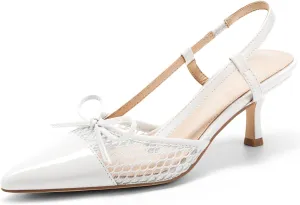 Coutgo Womens Bow Tie Slingback Pumps Pointed Toe Kitten Low Heel Patchwork Dress Heeled Sandals