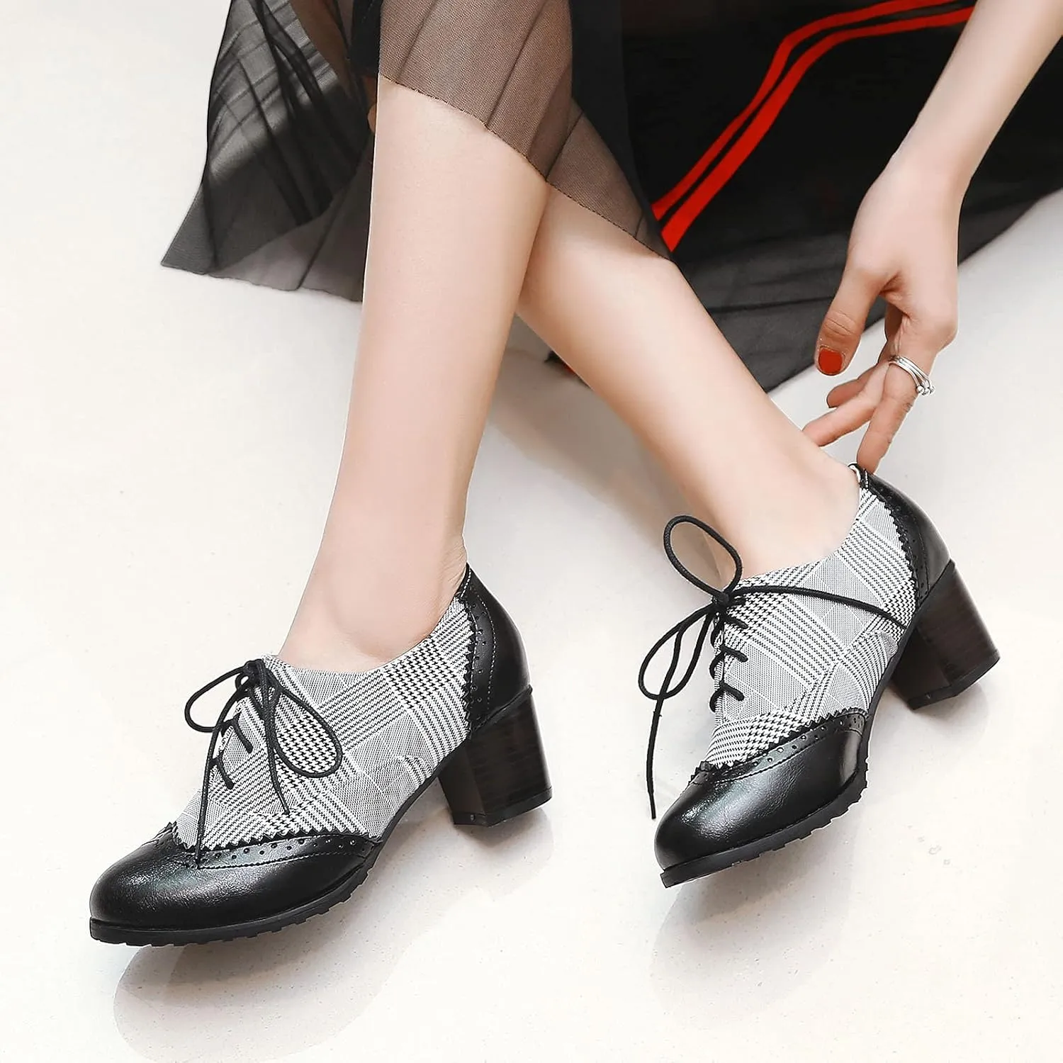 CYNLLIO Women's Block Chunky Heel Oxfords Shoes Vintage Lace-up Brogues Shoes Office Shoes Party Dress Shoes