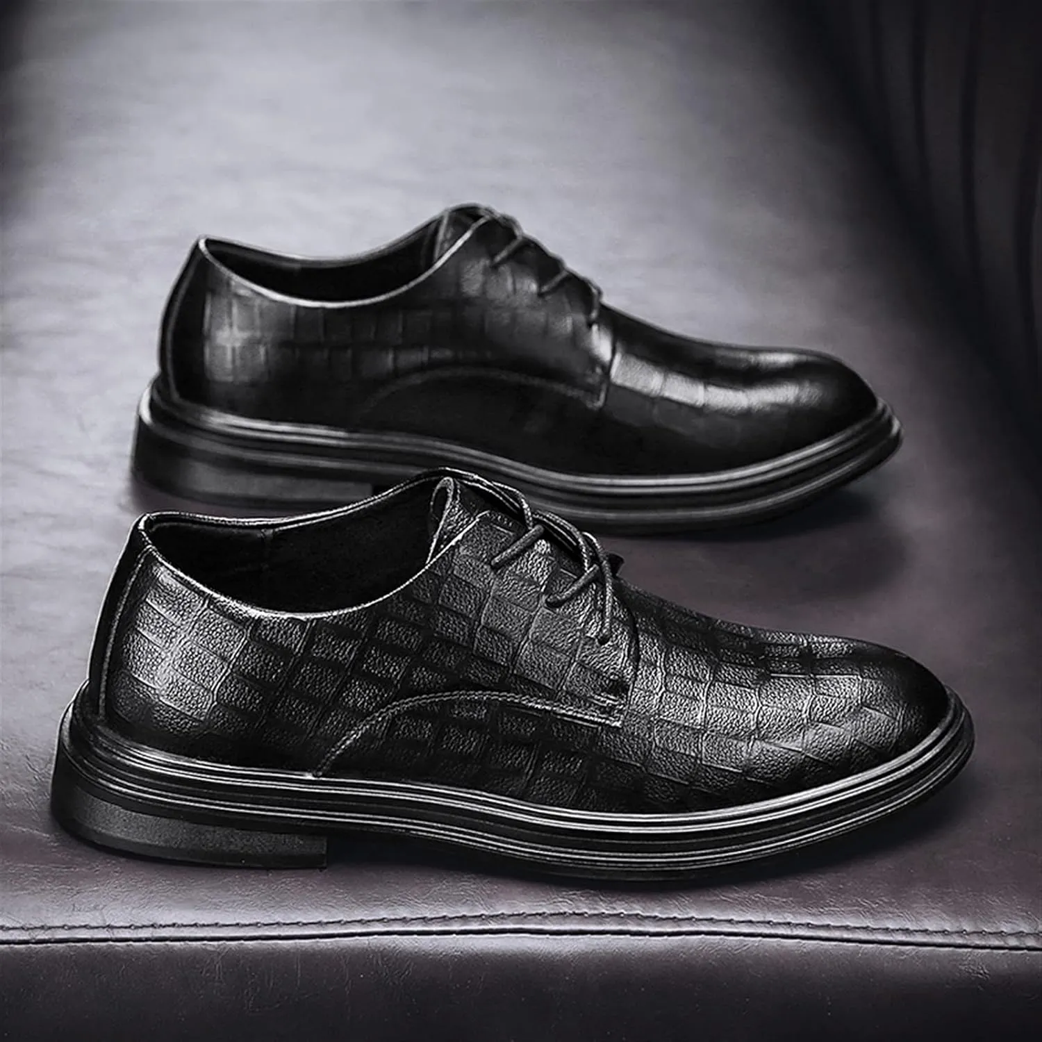 Dress Oxford for Men Lace Up Plaid Round Toe Derby Shoes Vegan Leather Rubber Sole Non Slip Low Top Anti-Slip Slip Resistant Prom