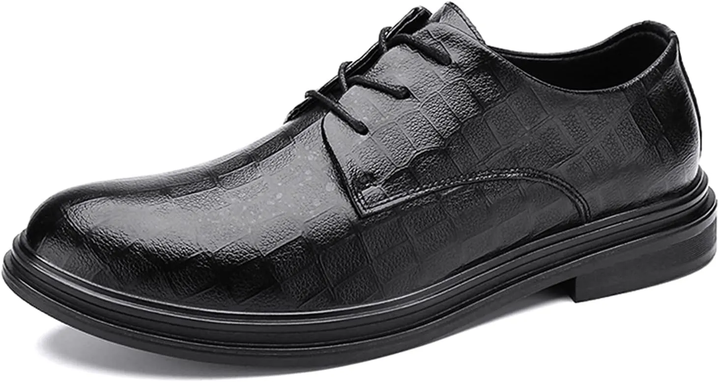 Dress Oxford for Men Lace Up Plaid Round Toe Derby Shoes Vegan Leather Rubber Sole Non Slip Low Top Anti-Slip Slip Resistant Prom