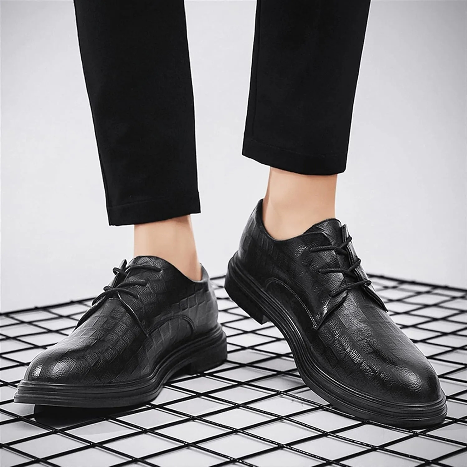 Dress Oxford for Men Lace Up Plaid Round Toe Derby Shoes Vegan Leather Rubber Sole Non Slip Low Top Anti-Slip Slip Resistant Prom