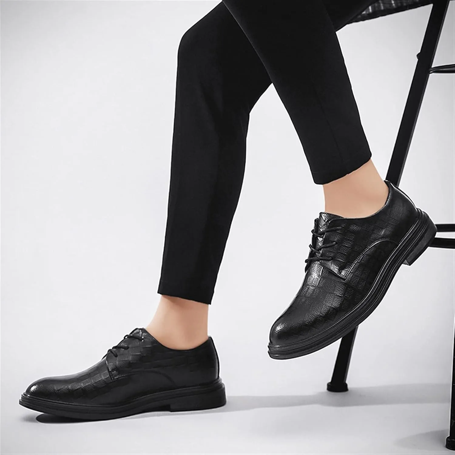 Dress Oxford for Men Lace Up Plaid Round Toe Derby Shoes Vegan Leather Rubber Sole Non Slip Low Top Anti-Slip Slip Resistant Prom