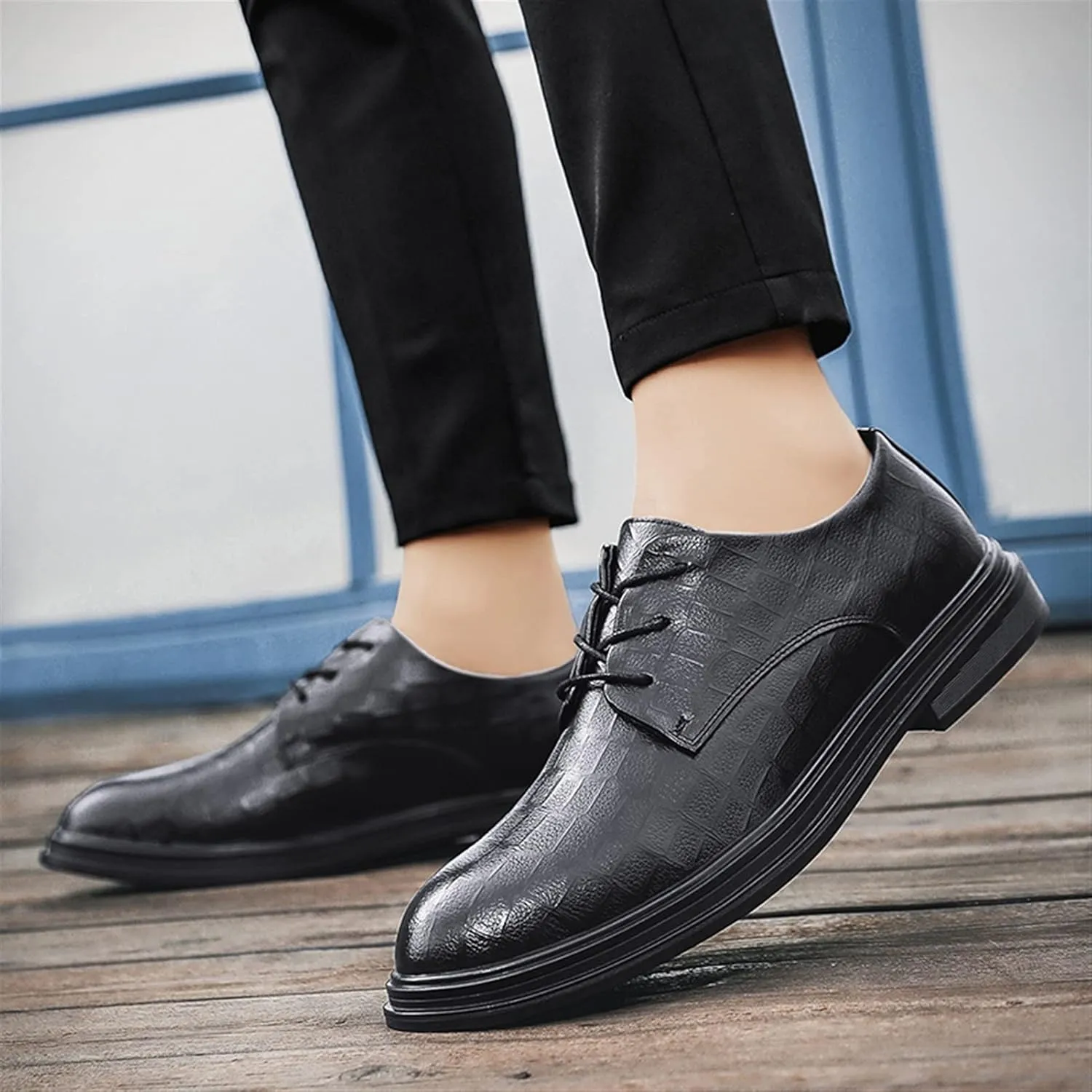 Dress Oxford for Men Lace Up Plaid Round Toe Derby Shoes Vegan Leather Rubber Sole Non Slip Low Top Anti-Slip Slip Resistant Prom