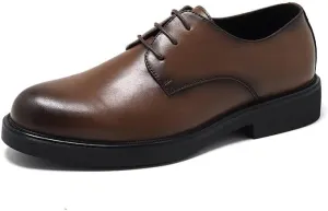 Dress Oxford for Men Lace Up Round Burnished Toe Derby Shoes Vegan Leather Block Heel Low Top Slip Resistant Party (Color : Brown, Size : 7.5)