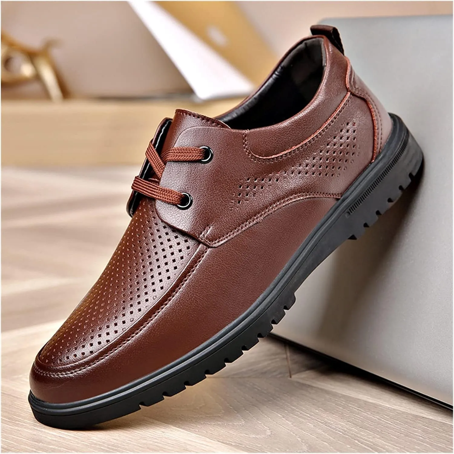 Dress Oxford Shoes for Men Lace Up Breathable Round Apron Burnished Toe Vegan Leather Slip Resistant Anti-Slip Non Slip Classic