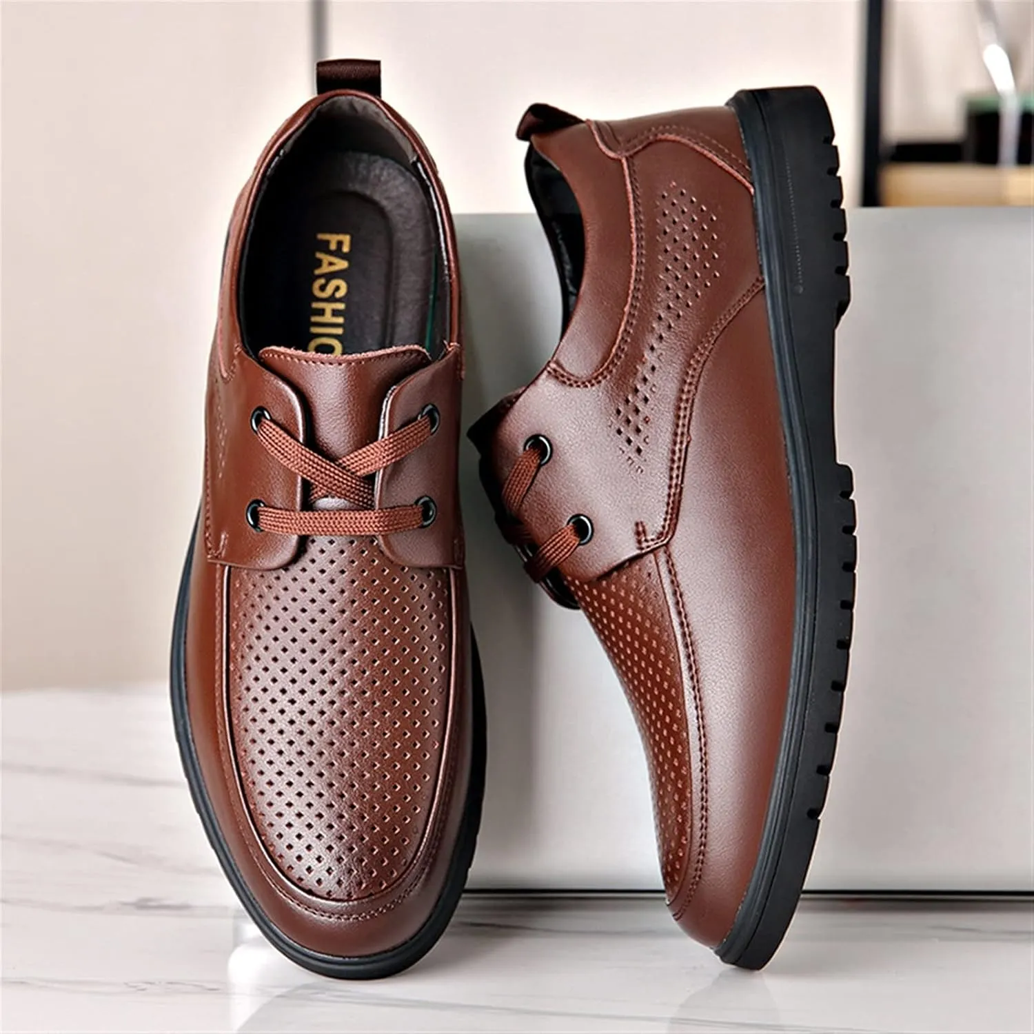 Dress Oxford Shoes for Men Lace Up Breathable Round Apron Burnished Toe Vegan Leather Slip Resistant Anti-Slip Non Slip Classic