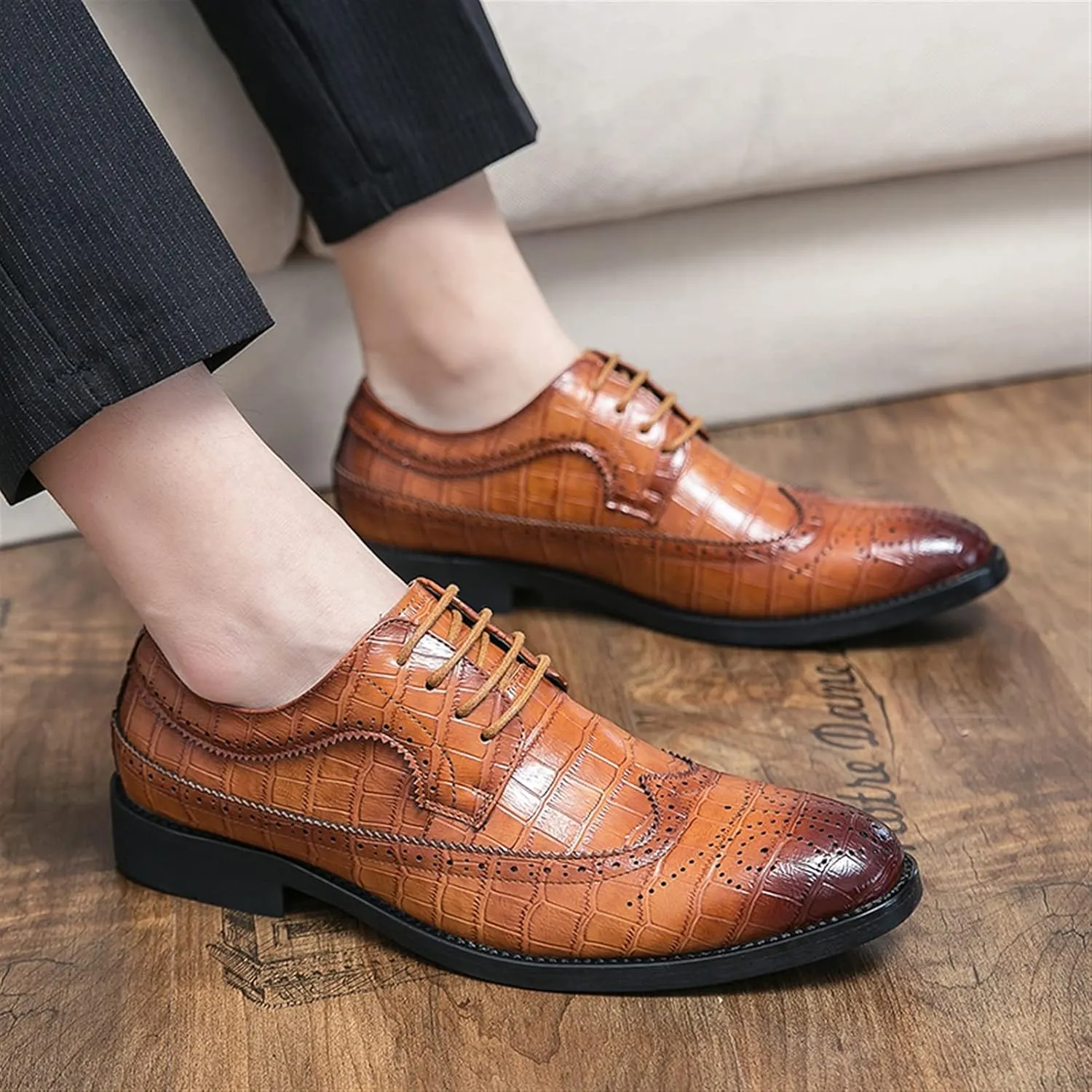Dress Shoes for Men Lace Up Brogue Embossed Wing tip Burnished Toe Vegan Leather Non Slip Resistant Anti-Slip Low Top Block Heel Party
