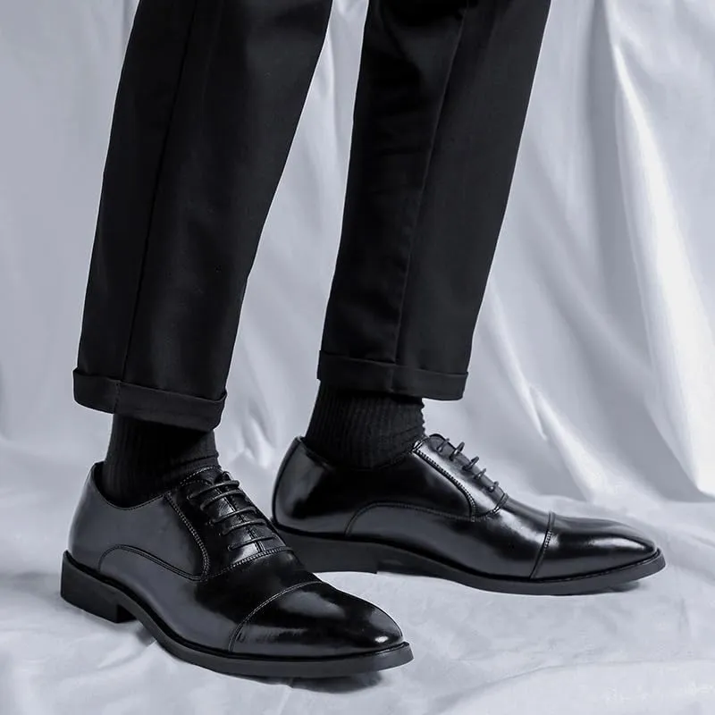 Dress Shoes for Men Lace Up Solid Color Cap Toe Vegan Leather Shoes Non Slip Low Top Anti-Slip Rubber Sole Block Heel Wedding