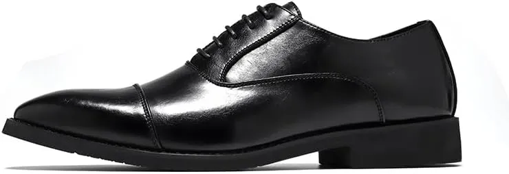 Dress Shoes for Men Lace Up Solid Color Cap Toe Vegan Leather Shoes Non Slip Low Top Anti-Slip Rubber Sole Block Heel Wedding