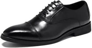 Dress Shoes for Men Lace Up Solid Color Cap Toe Vegan Leather Shoes Non Slip Low Top Anti-Slip Rubber Sole Block Heel Wedding