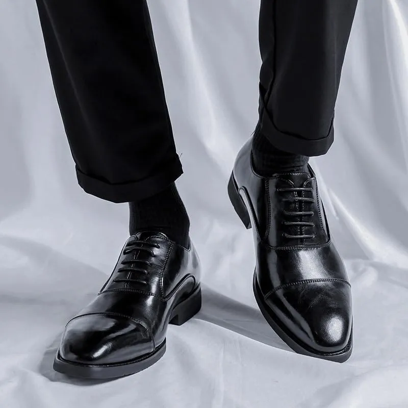 Dress Shoes for Men Lace Up Solid Color Cap Toe Vegan Leather Shoes Non Slip Low Top Anti-Slip Rubber Sole Block Heel Wedding