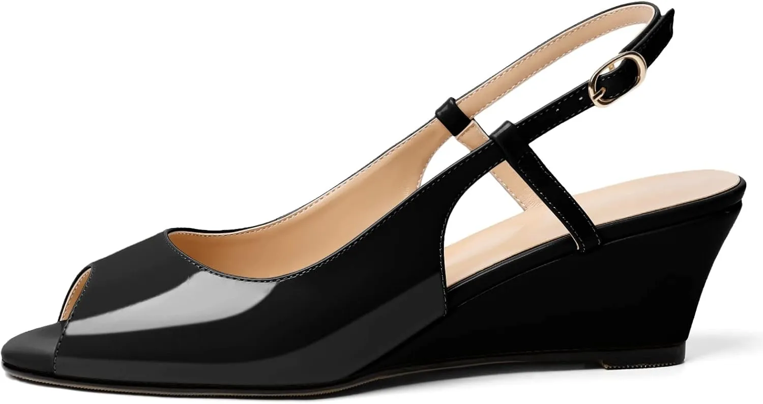 Eldof Slingback Low Wedge Sandals for Women Peep Toe Wedge Heel Pumps Shoes 2 Inches for Dress Working Evening