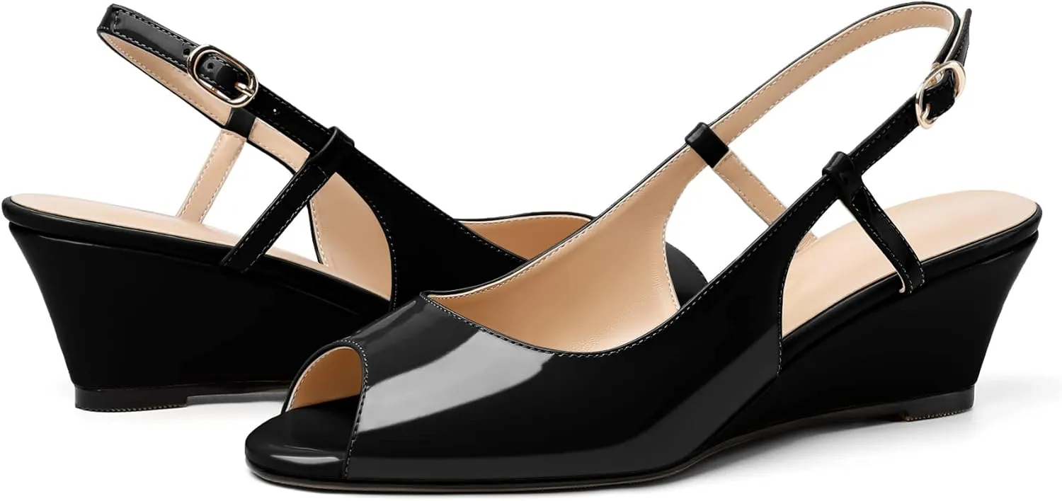 Eldof Slingback Low Wedge Sandals for Women Peep Toe Wedge Heel Pumps Shoes 2 Inches for Dress Working Evening