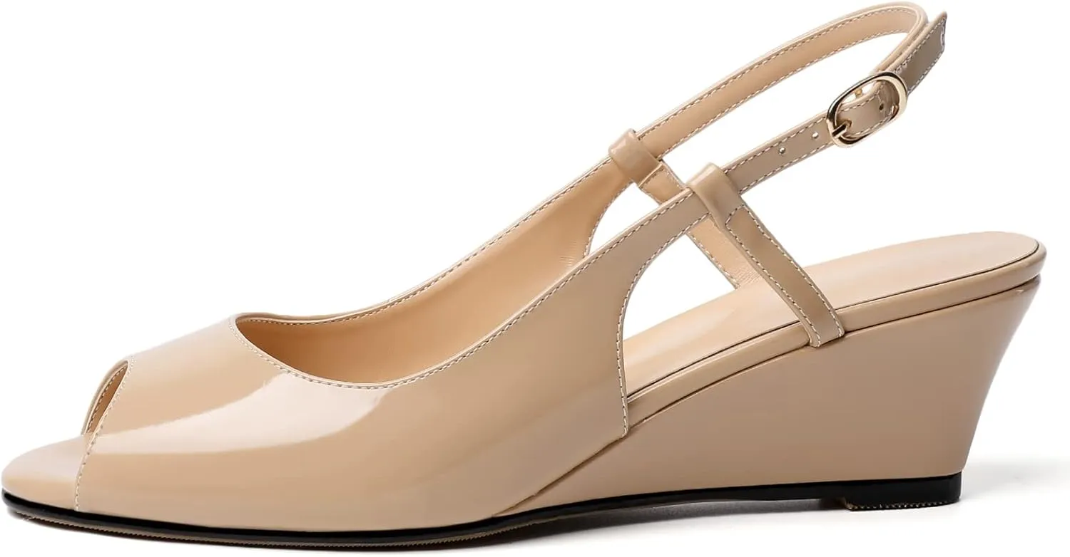 Eldof Slingback Low Wedge Sandals for Women Peep Toe Wedge Heel Pumps Shoes 2 Inches for Dress Working Evening