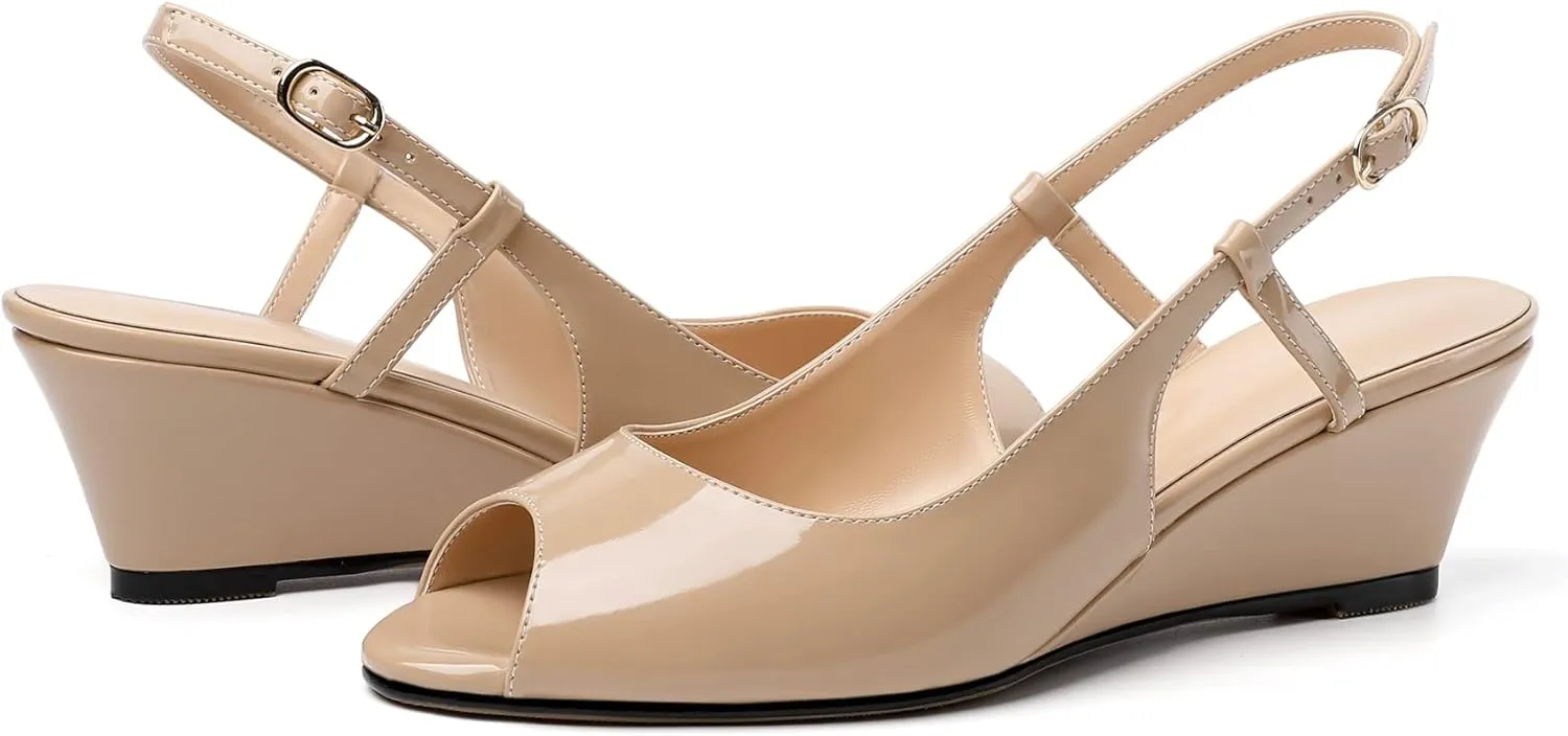 Eldof Slingback Low Wedge Sandals for Women Peep Toe Wedge Heel Pumps Shoes 2 Inches for Dress Working Evening