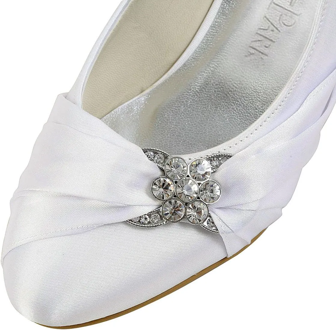 ELEGANTPARK Closed Toe Shoes for Women Low Heel Comfortable Wedding Shoes for Bride Satin Rhinestones Bridal Evening Prom Dress Pumps