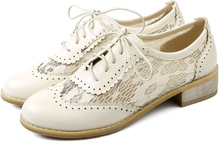 ELFY Women's Perforated Lace-up Wingtip Close Front Brogue Shoes Vintage Lace Oxford Shoes