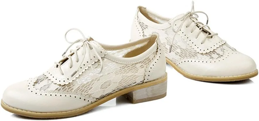 ELFY Women's Perforated Lace-up Wingtip Close Front Brogue Shoes Vintage Lace Oxford Shoes