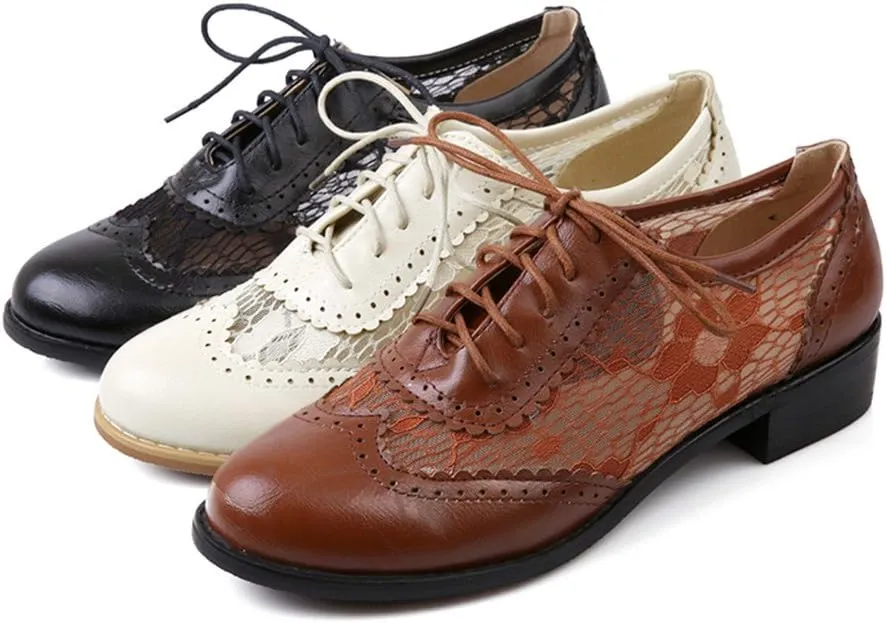 ELFY Women's Perforated Lace-up Wingtip Close Front Brogue Shoes Vintage Lace Oxford Shoes